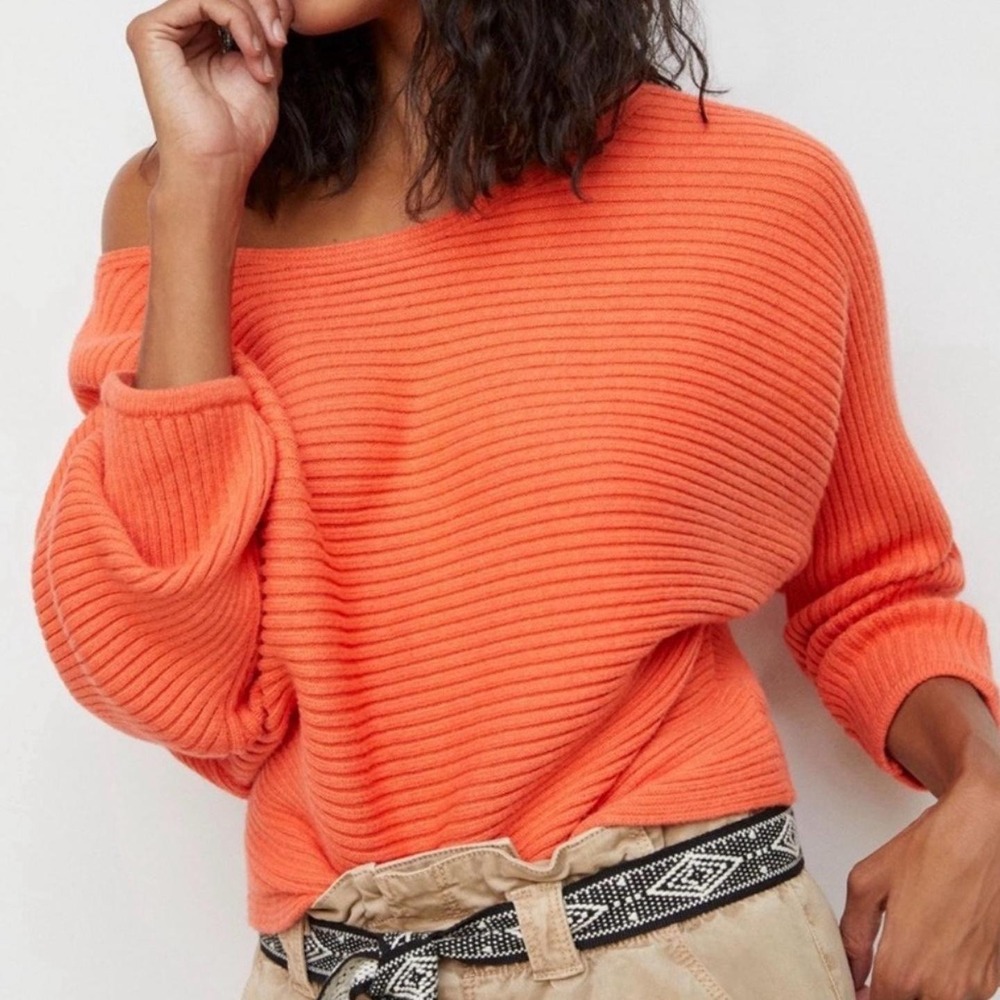 Anthropologie Orange Oversized Sweater Sz S Boatneck